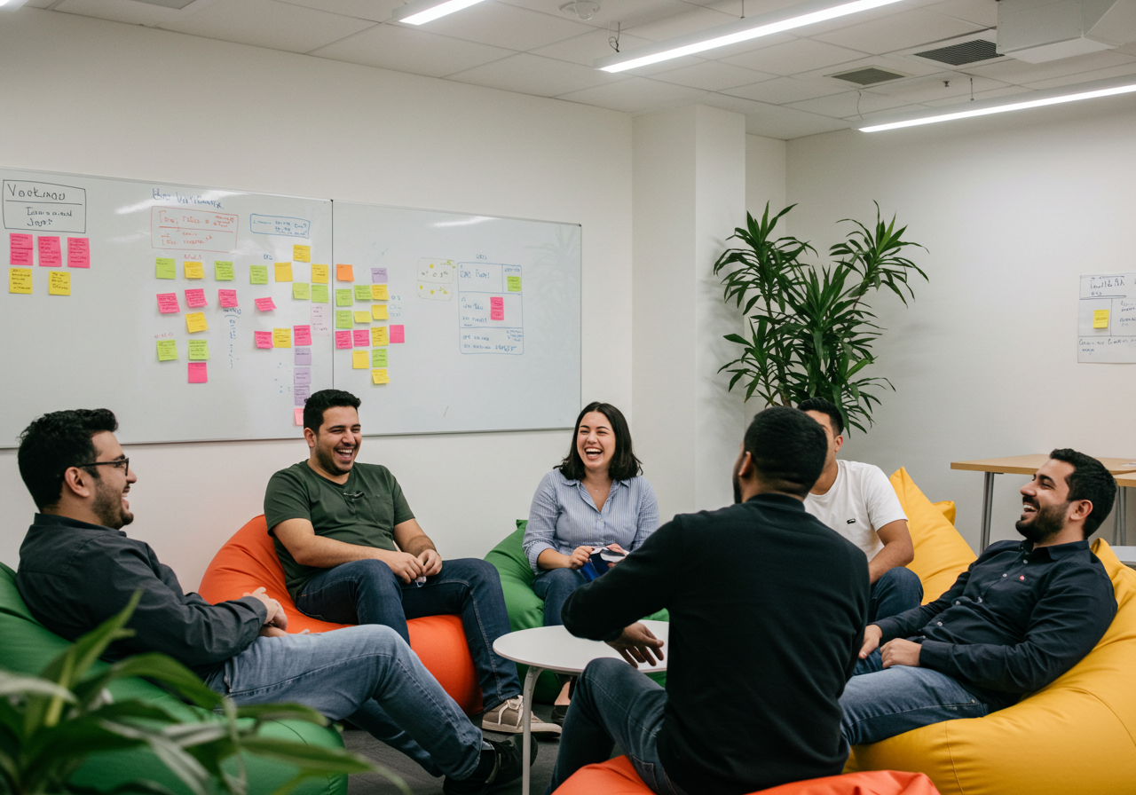 Equipo de trabajo diverso colaborando felizmente.
